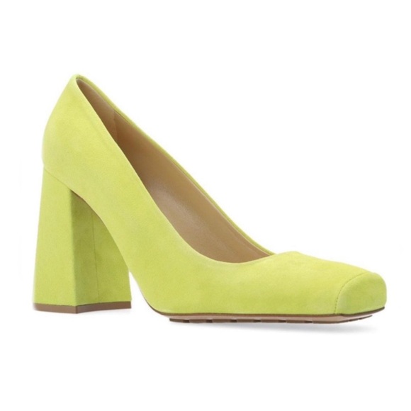 Bottega Veneta Shoes - Bottega Veneta Tower Square Toe Pumps Lime Green Block Heels